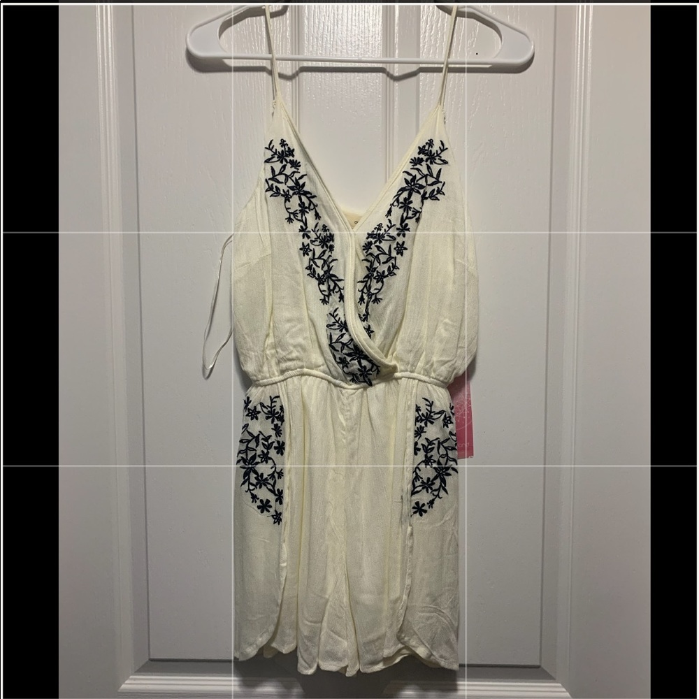 Off White, navy blue embroidered romper